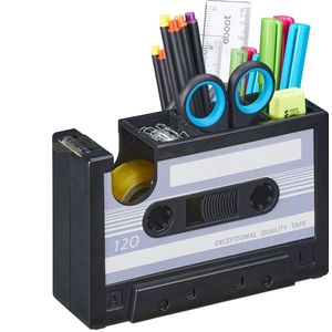 Relaxdays pennenbak retro cassette - met plakband - bureau organizer - plastic