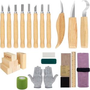30PCS Houtsnijgereedschapsset - Houtsnijblokken - Lepelmes - Schilmes - Kerfmes - Snijbestendige Handschoenen voor beginners en professionals houtsnij set