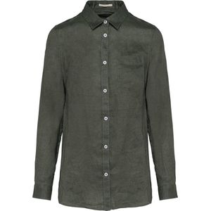 Afgewassen linnen damesblouse overhemd Organic Khaki - XS