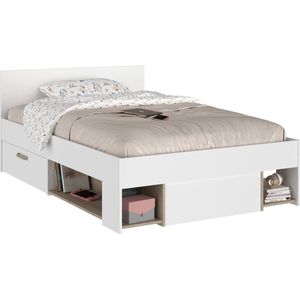 Bed met opbergruimte – 120 x 190 cm – Wit en houtlook – KINSELIA L 124 cm x H 76 cm x D 193.4 cm