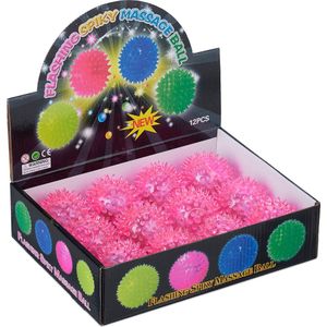 Relaxdays stuiterbal met lichtjes - set van 12 - roze - egelbal met noppen - Ø 6,5 cm