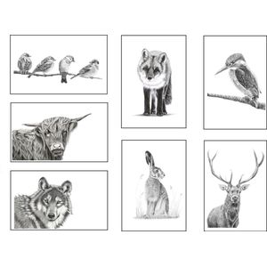 7 wenskaarten met dieren - kaartenset met envelop - wenskaart zonder tekst - met potloodtekening door LinTess