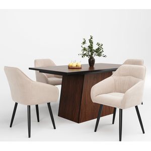 Merax Eettafelset 5-delig – Moderne eettafel (138,5 x 80 cm) met houtnerfpatroon en 4 beige velvet stoelen met massief houten poten