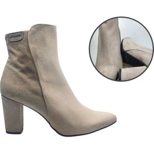 Stravers - Maat 42 Enkellaars spitse neus en hoge blokhak - beige/grijs - Grote Maten Enkellaarzen