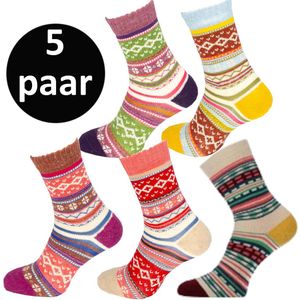 Teckel - 5 paar - Warme Wollen Winter Sokken - Noorse print - Maat 36/42 - Dames - Geel/Beige/L.Paars/D.Paars/Geel - Cadeau tip tijdens feestdagen