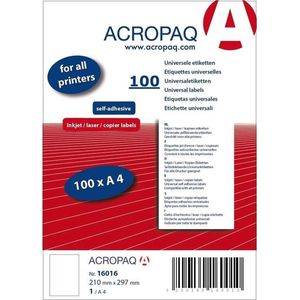 Stickervellen A4 - Etiketten, 100 vellen, 1 per vel, 210 x 297 mm - Adresetiketten, Etiketten stickers - ACROPAQ