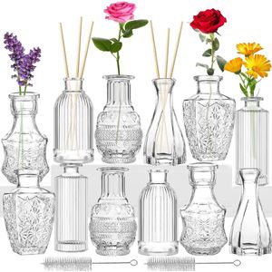 Kleine vazen ​​set van 12 mini vaas glas vintage bruiloft kristallen helder bloemenvaas verschillende maten moderne smalle glazen vazen ​​tafeldecoratie voor bloemen decoratie woonkamer badkamer moederdag cadeau