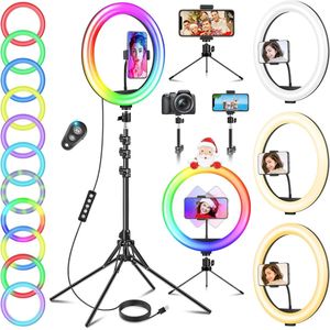 Ringlamp met statief en smartphonehouder - Dimbare LED selfie ringlight met afstandsbediening voor make-up en videoproductie