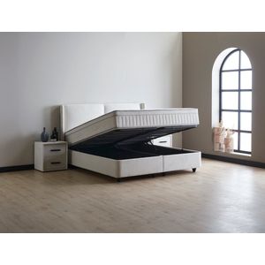 Beddenscout24 Boxspring bed met opbergruimte - 140x200 cm - Wit - Opbergbed Ruby Inclusief 32 cm matras en topper Comfortschuim