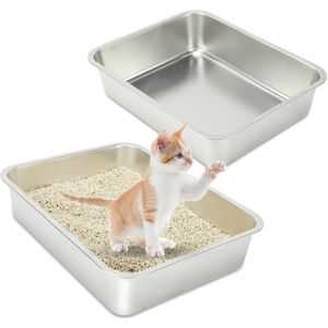TheLau ® Kattenbak van Hoogwaardig Roestvrij Staal voor Katten en Konijnen - Set van 2, Geurloos en Krasbestendig