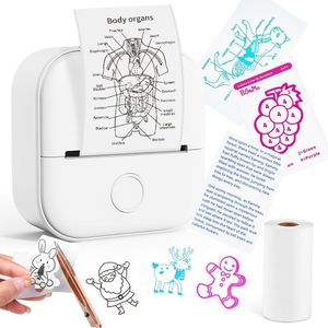 Mini Bluetooth Draagbare Printer T02 – Thermische Foto- en Stickerprinter voor Smartphone & Tablet – Draadloze Inktloze Labelprinter voor Notities, Studie, Thuisgebruik & Kantoor – Inclusief 3 Rollen Etiketten 50-53 mm – Wit