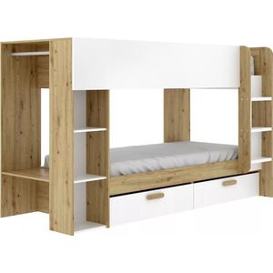 Vente-unique Stapelbed - 2x90x200 cm - Met Opbergruimte - Wit/Houtlook