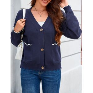 Cardigan Dames Korte Vest Lange Mouwen Gebreide Trui Schouderjas Bolero Top Met Knopen En Zakken Marineblauw S
