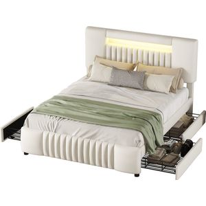 Merax Luxe Tweepersoonsbed 140x200 cm - Kunstleer Gestoffeerd Bed met Vier Opberglades en Hoofdbord Inclusief LED-Verlichting - Beige