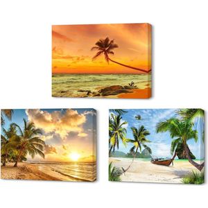 Strand zonsondergang golf canvas afdrukken- moderne wanddecoratie 3-delig 40 x 30 cm - slaapkamer decor - badkamer kunst - ingebouwd frame