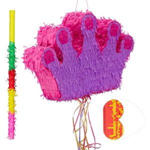 Relaxdays 3-delige pinata set kroon - pinatastok - blinddoek - Piñata prinses - leeg