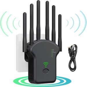 WiFi Versterker-wifi versterker stopcontact-1200 Mbps -wifi versterkers-WiFi-extender met 6 antennes voor een bredere dekking-Eenvoudig in te stellen WiFi-repeater-Inclusief 90cm ethernetkabel-zwart