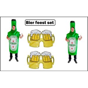 2x Bierfles outfit groen + bierglas bril - bier fles bierfeest thema party carnaval apres ski oktoberfest vrijgezellen feest grappig en fout festivalpak