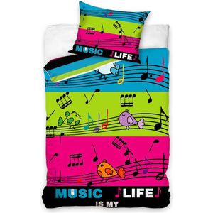 1-persoons dekbedovertrek (dekbed hoes) “music is my life” met muziek, muzieknoten op notenbalk en vogels in felle neon kleuren gestreept KATOEN eenpersoons 140 x 200 cm (cadeau idee tiener slaapkamer / kinderkamer)