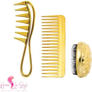 Haar in Stijl® | Gouden Kammenset set van 3 | Detangling Brush, Wide Comb en een Styling Comb