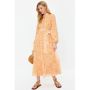 Trendyol Lichtblauwe Chiffon Geweven Jurk Met Bloemenpatroon, Riem En Hoge Kraag, Gevoerd Tctss21El3346