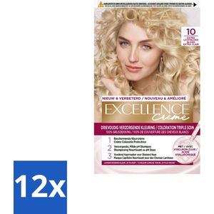 12 x L'Oréal Excellence Crème Permanente Crèmekleuring 10 Extra Lichtblond - Permanente Haarkleuring - Haarverf - Grijsdekking - L'Oréal Paris - Blond Haar