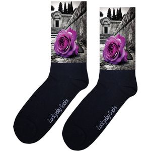 LuckyDay Socks - Paarse roos sokken - Verjaardag cadeau vrouw en man - Vrolijke sokken - Valentijns cadeau - Kerst sokken - Grappige sokken - Leuke dames en heren sokken - Moederdag - Vaderdag - Socks maken Happy - Maat 37-44