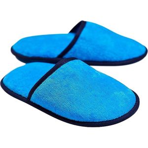 Velour Badstof slippers zonder siliconen noppen, 100% biologisch katoen, hotelslippers, pantoffels, dames en heren, één maat, gesloten, blauw marineblauw