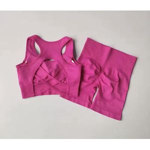Summer Tie Short Set – Maat S - Fuchsia - Roze - 2-delige set: Top met Open Rug & Short – Pink - Seamless Sportset Dames
