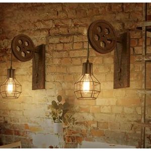 Industriële wandlamp met stekker - Ijzeren vintage retro katrol wandlamp - Kooi design - Verlichting - Geschikt voor bar, café, horeca - wandlamp binnen - Woonkamer - Keuken - Eetkamer - Eettafel - Hal