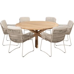 Murcia Prado dining tuinset 160 cm rond 7 delig latte teak 4 Seasons Outdoor