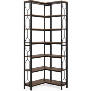 J&R Hoek Boekenkast - Hoekkast - Kast - 7-laags - Industrieel - Hout en Metaal - Bruin/Zwart