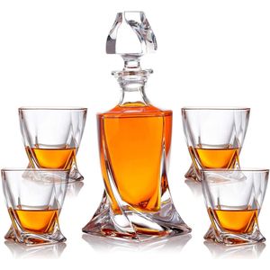 5-delige whiskyset karaf drinkglazen - geschenkset van glas - whiskykaraf 800 ml met 4 whiskyglazen 300 ml voor rum, scotch, cognac - mannencadeau - met geschenkdoos