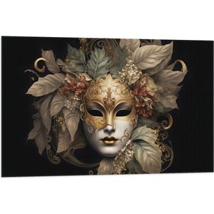 Vlag - Venetiaanse carnavals Masker met Gouden en Beige Details tegen Zwarte Achtergrond - 90x60 cm Foto op Polyester Vlag