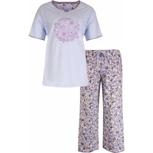 Tenderness Dames gebloemde 3/4 Shortama Pyjama Set - 100% Gekamde Katoen - Licht Blauw - Maat XL