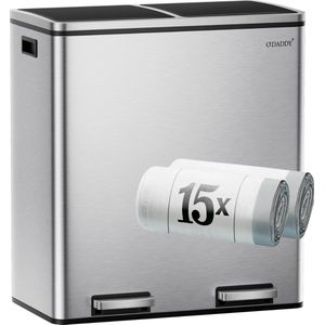 O'DADDY® Prullenbak - Afvalemmer – Duo Bin – 60 Liter – Soft-close – 58,6 x 32 x 65 cm – 2 Binnenemmers / Vakken - Afvalbak - Pedaalemmer 60L - Prullenmand - Vuilnisbak - Afvalscheiding Vuilbak – Inclusief 15 Afvalzakken – Elegant Zilver