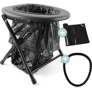 Opvouwbaar zwart campingtoilet incl. 15 zakken en bevestigingsring, belastbaar tot 120 kg, ideaal als mobiel noodtoilet onderweg op de camping als reistoilet