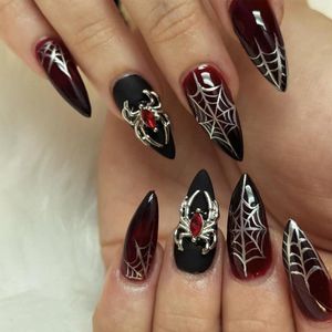 JHubers Goods - 24 Stuks Halloween Press-On Nagels Met Spinnen Design - Zwarte Kunstnagels - Stiletto Vorm - Voor Vrouwen
