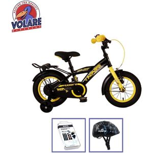 Volare Kinderfiets Thombike - 14 inch - Zwart/Geel - Met fietshelm & accessoires