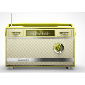 Dibond - Retro - Oude radio in  groen / zwart / wit / grijs - 120 x 120 cm.