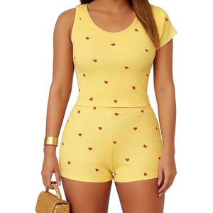 Lounge Set Dames - Korte Broek en Topje - Shirt - Geel - Hartjes - Zomer