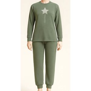 Lunatex - Stars - Badstof Pyjama - Groen - Warme Winter Pyjama met Boordjes