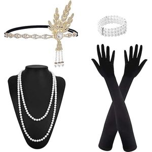 5 stuks 1920 accessoires set, jaren 20 mode flapper hoofdband, flapper Great Gatsby accessoires set, lange handschoenen parel ketting oorbellen, mode brullende 20's thema set voor vrouwen (5 stuks)