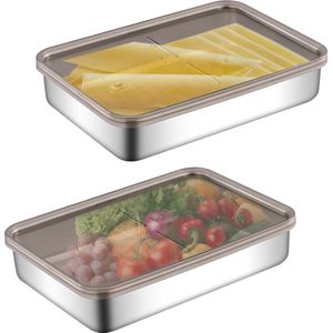2 stuks spekcontainers, delicatessencontainers met deksel, spekdoos voor koelkast, roestvrijstalen spekopslagcontainers voor vlees, pasta, selderij enz. (19,5 x 14 x 4 cm)