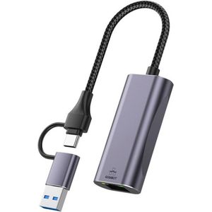 USB 3.0 + USB-C naar Ethernet Adapter - Koppelstuk - 10/100/1000 MBps - Netwerk RJ45 Internet Adapter - Geschikt voor o.a. Macbook, Laptop en Telefoon - Grijs - Provium