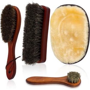 Roellgs Shoe Brush Set, Horse Hair Brushes, Polishing Brush, 3 Pieces Shoe Polishing Brushes + 1 Pcs Plush Polishing Glove, Ideal for Boots, Car Seats, Bags, Sofas