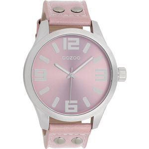 OOZOO Timepieces - Zilverkleurige horloge met oud roze leren band - C1058