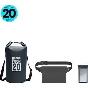 Somstyle 3-in-1 Drybag Set 20 Liter - Droog Tas, Heuptas & Telefoonhoes Waterdicht - Outdoor, Vakantie, Travel & Zwemmen - Zwart