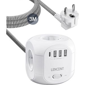 8-in-1 Cube Power Outlet 4 Socket with 3 USB and 1 Type C - Multiple Power Strip with USB Plug Adapter and Switch, 3M Braided Cable