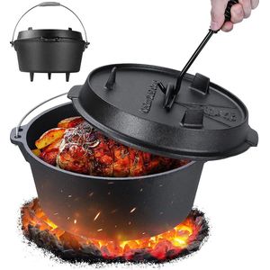 T&L Store® Dutch Oven - Gietijzer - BBQ - Vuurpot - Outdoor - Kamperen - 2 in 1 Gebruiksgemak - Ondersteunende Voeten - Zwart - 4L